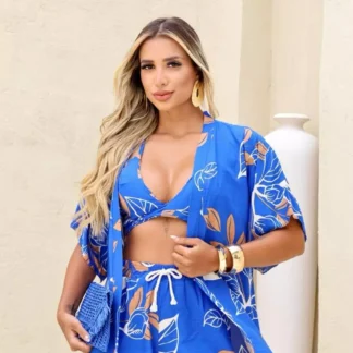 Conjunto Kimono 3 PeÃ§as Top Shorts e Kimono Feminino