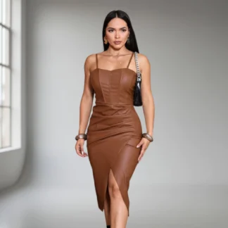 Vestido Midi Couro Feminino Com Alca Premium