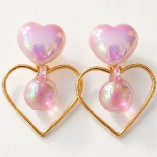 Brinco Coracao Rosa Perolado com Argola Dourada