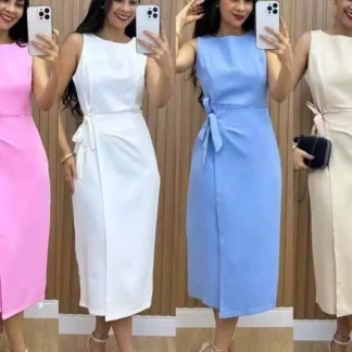 Vestido Midi Alfaiataria Feminino Com Amarracao Lateral