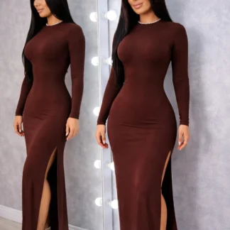 Vestido Longo Manga Longa Com Fenda Lateral Feminino