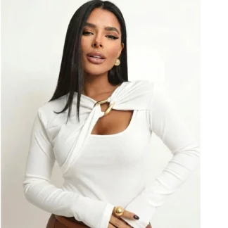 Blusa Feminina Manga Longa Ribana com Fivela Dourada