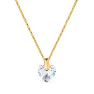 Colar Dourado Coracao em Cristal com Banho de Ouro 24K