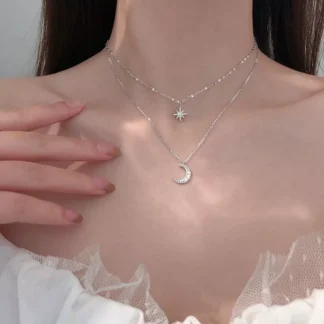 Colar De Lua Estrela De Prata Para Mulheres Corrente De Clavicula De Camada Dupla Com Pingente De Brilho Moderno