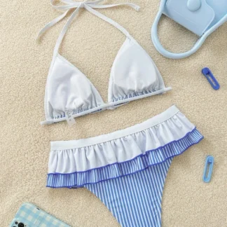 Biquíni Feminino Listrado Azul com Babado