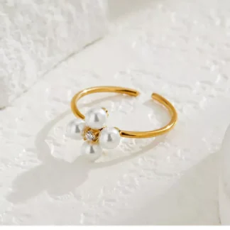 Anel Flor Perola Diamante Aco Inoxidavel Banhado Ouro 18K Feminino