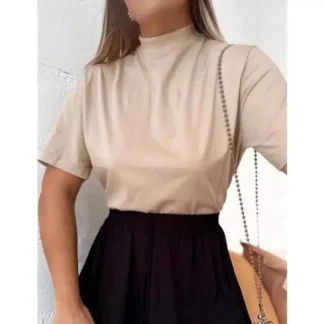 T-Shirt Feminina Gola Alta Malha 100 Algodao
