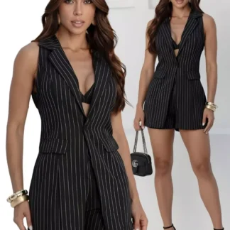 Conjunto Feminino Blazer Colete Top e Shorts Alfaiataria 3 Pecas