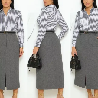 Saia Midi Alfaiataria com Cinto Fenda e Bolso