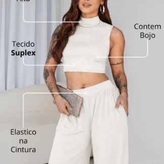 Conjunto Feminino Suplex Cropped Gola Alta e Calca Pantalona