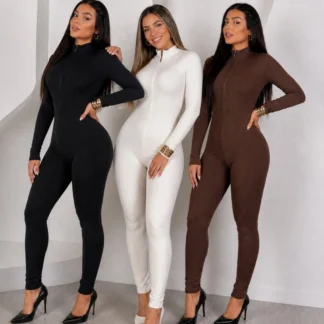 Macacao Feminino Manga Longa Canelado Com Ziper