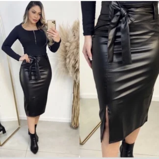 Saia Midi Courino com Laco Lateral Moda Evangelica