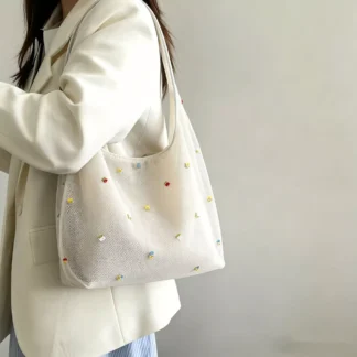 Bolsa Tote de Verao em Tela com Bordado Floral