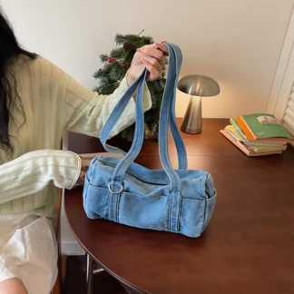 Bolsa Boston Jeans Lavado Vintage com Bolsos